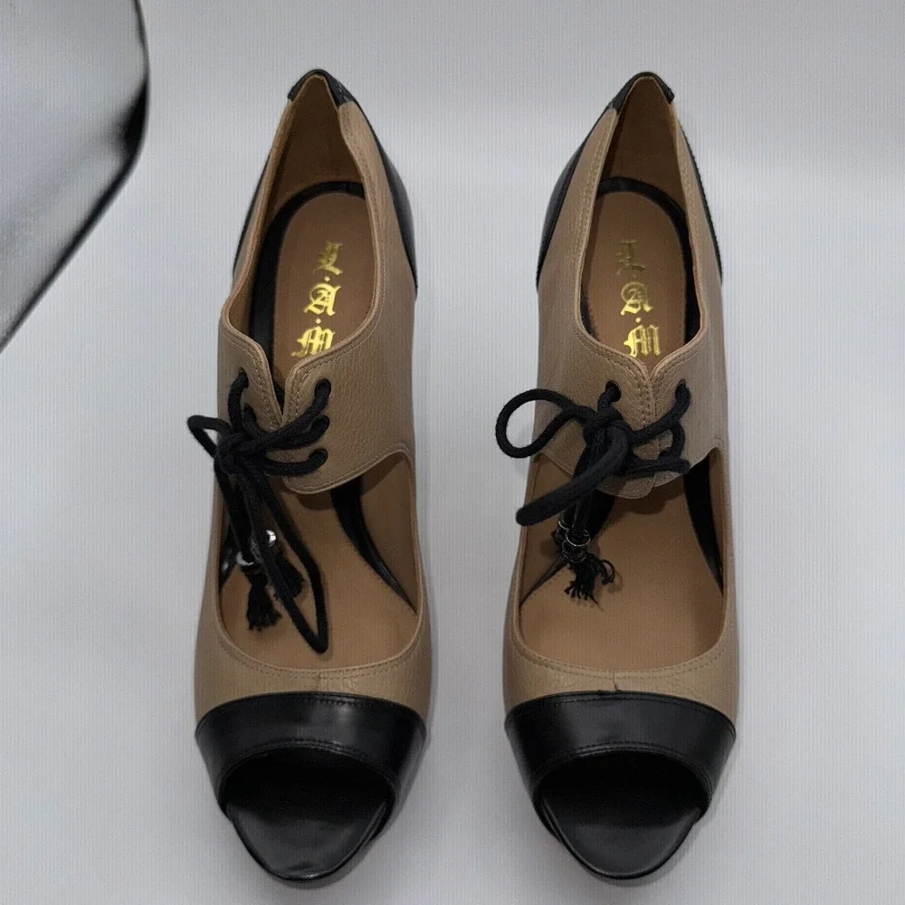 L.A.M.B. Chiba Platforms Womens US 9M Tan Black‎ Leather Stiletto Heel G1121